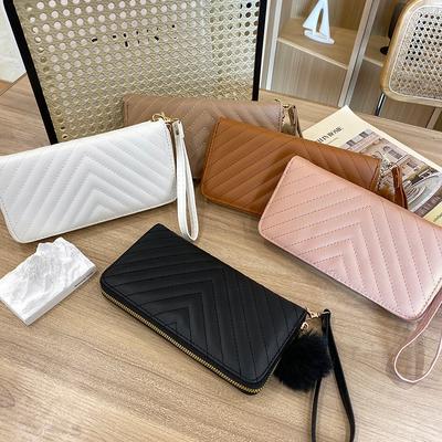 Women's Bag New V Pattern Embroidery Flower Hairball Long Wallet Casual Change Bag Small Bag