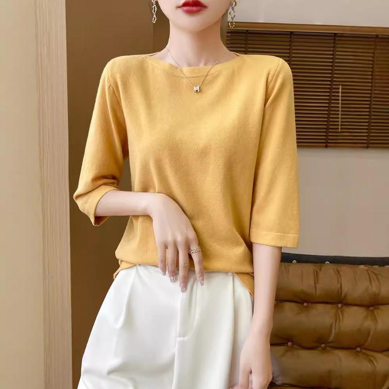 Spring and Summer New Knitted One-word Neck Seven-quarter Sleeve Knitted Pullover Bottoming Shirt Women