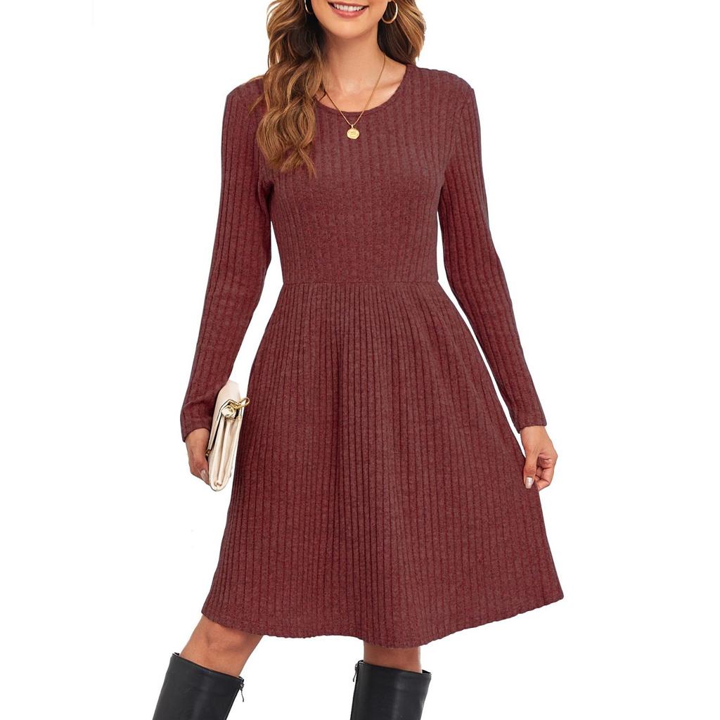 Vestido Casual Feminino de Manga Comprida Solto de Cor Sólida