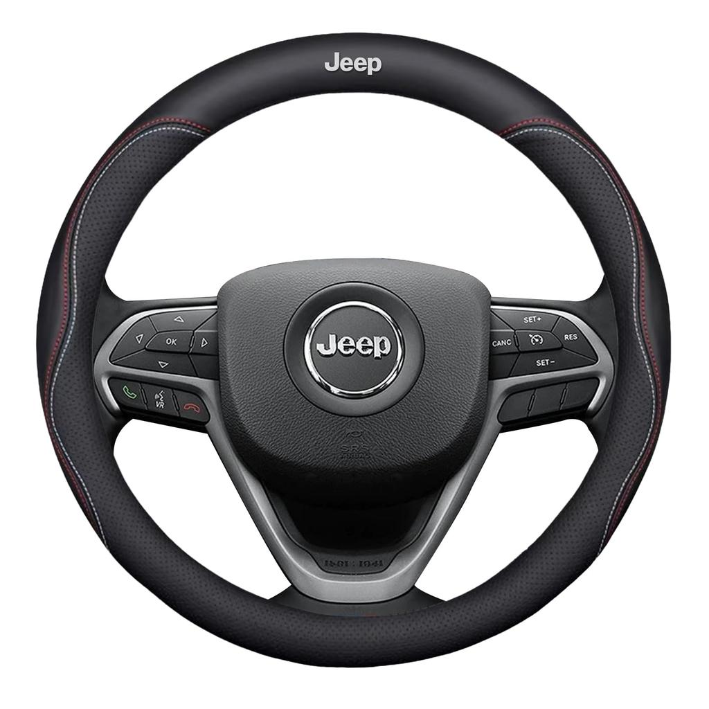 QiuFu Leather Steering Wheel Cover for Jeep, M 38 cm, Anti-Slip, Breathable, Sweat-Absorbent, Fits 36.5–37.9 cm