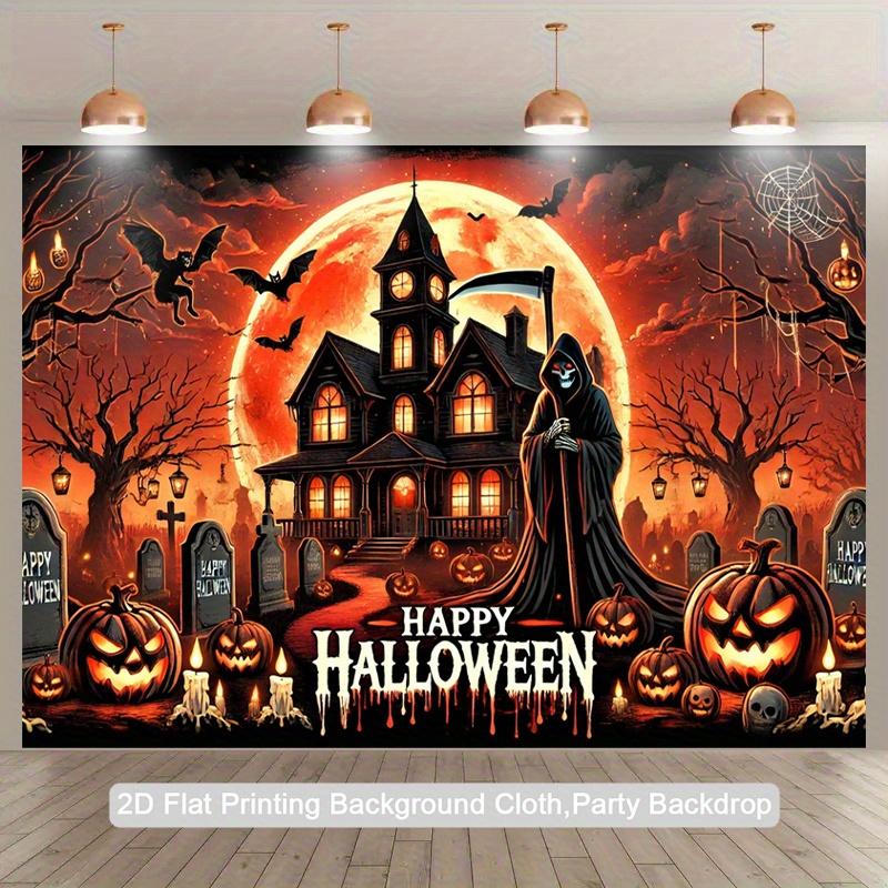 2D Plane, 1 Halloween Party Background Cloth - Ghost House with "Happy Halloween" Text, Pumpkin Lantern, Cemetery Pattern