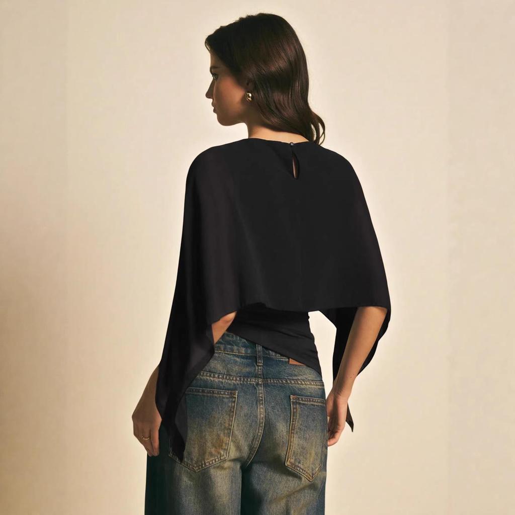 2026 Summer Women's Elegant Irregular Chiffon T-Shirt with Cape Sleeves and Round Neck