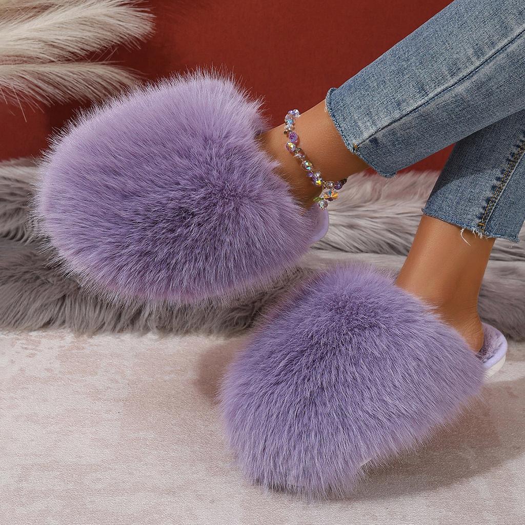 Korean Style Faux Fur Slippers with Non-Slip Rubber Sole