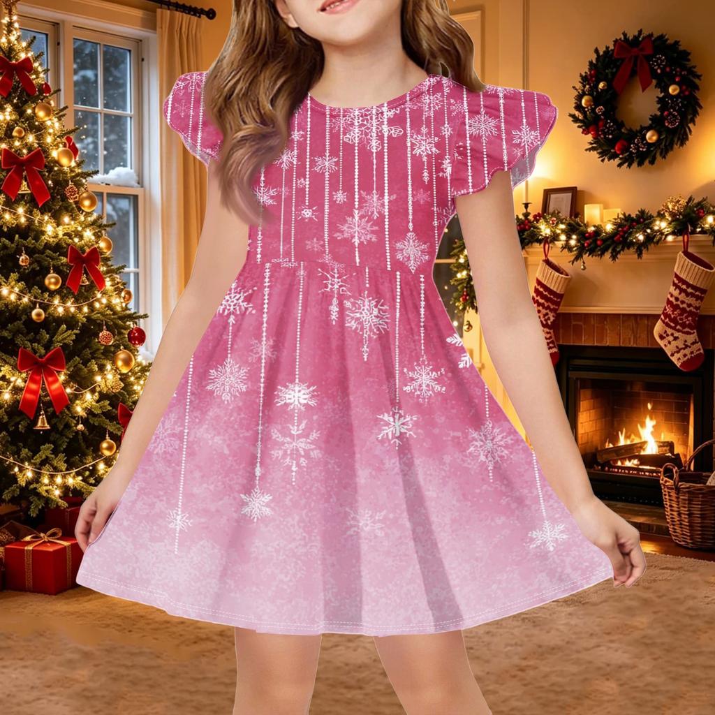 Girls Christmas Print Sleeve Dress for Casual Holiday Party and Everyday Wear