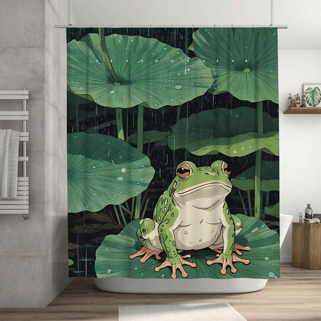 Frog on Lotus Leaf Design Waterproof Shower Curtain Heat Resistant Machine Washable Non-Transparent 180x180cm
