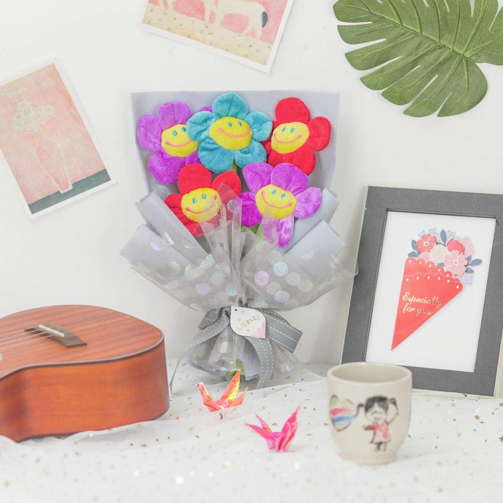 LOZIZI Smile Flower Plush Bouquet, Korean Artificial Never-Wilting Flowers, Gift for Birthday, Anniversary & Get Well, with Message Card, Purple