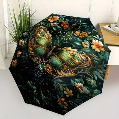 Butterfly, Floral Theme Automatic Open/Close Fashion Umbrella, Portable 3 Fold Compact Umbrella for Men & Women, Valentine's Day Mother's Day Gift