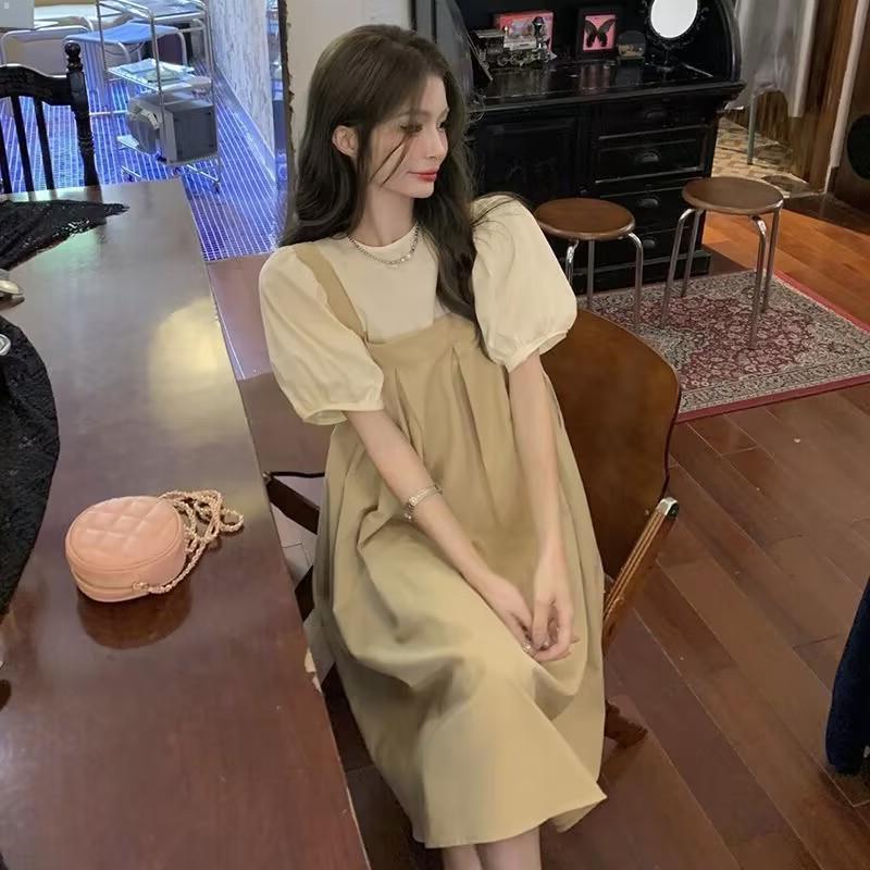 Fashion Suit, Slightly Fat Women's Bubble Sleeve Top, Covering the Meat and Showing Thinness, Strap Skirt, Large Size Fat Mm Dress, Foreign Style Two