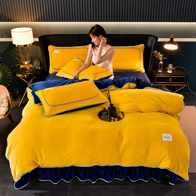 Solid color milk fleece four-piece set, winter thickened warm student dormitory bed sheet four-piece set