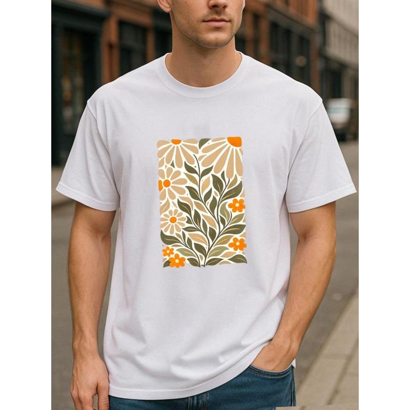 European Size Retro Floral Illustration | Gentle Retro Style All-season Comfortable T-shirt, Lightweight Round-neck Short-sleeved.Men'S T-shirt