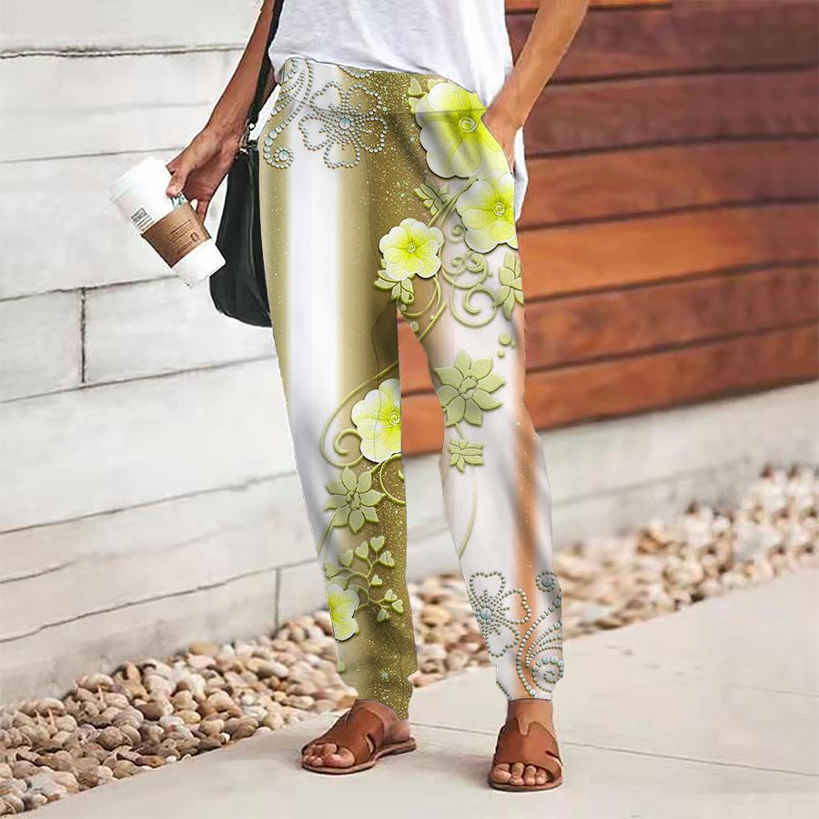 Women Flower Printing Pants Lace Up Elastic Waist Loose Trousers Casual Long Pants Trousers with Pockets