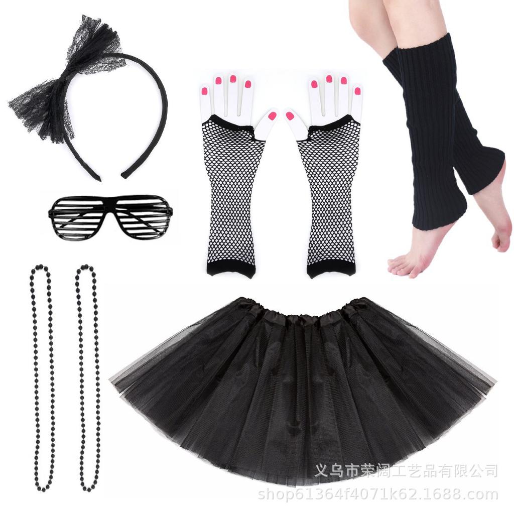 1980s Prom Cosplay Accessories Slatted Glasses Knitted Leg Warmers Lace Headband Wire Necklace Fishnet Gloves 6pc Set