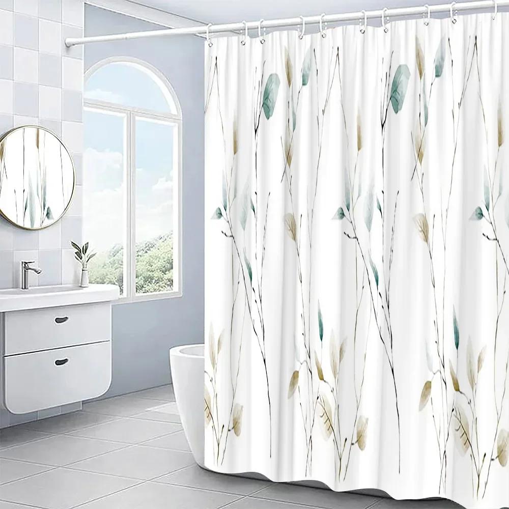 Leaves Shower Curtain Set Garden Plant Green Leaf Fresh Rustic Style Bathroom Decor Bath Curtain Polyester Fabric Washable Cloth