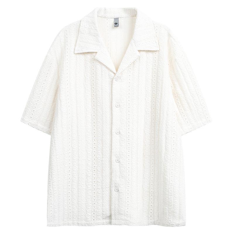 New Summer Breathable Hollow Out Short Sleeve Shirt Men's Loose Casual Retro Top