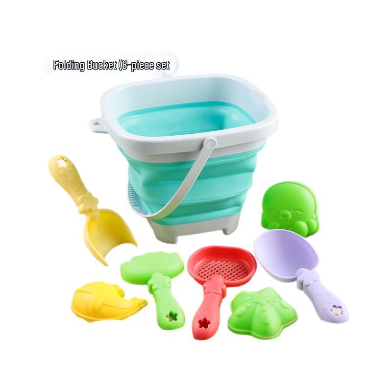 Cross-border Kid's Beach Toy Set: Folding Bucket, Shovel, Sand Tools & Sandglass Accessories