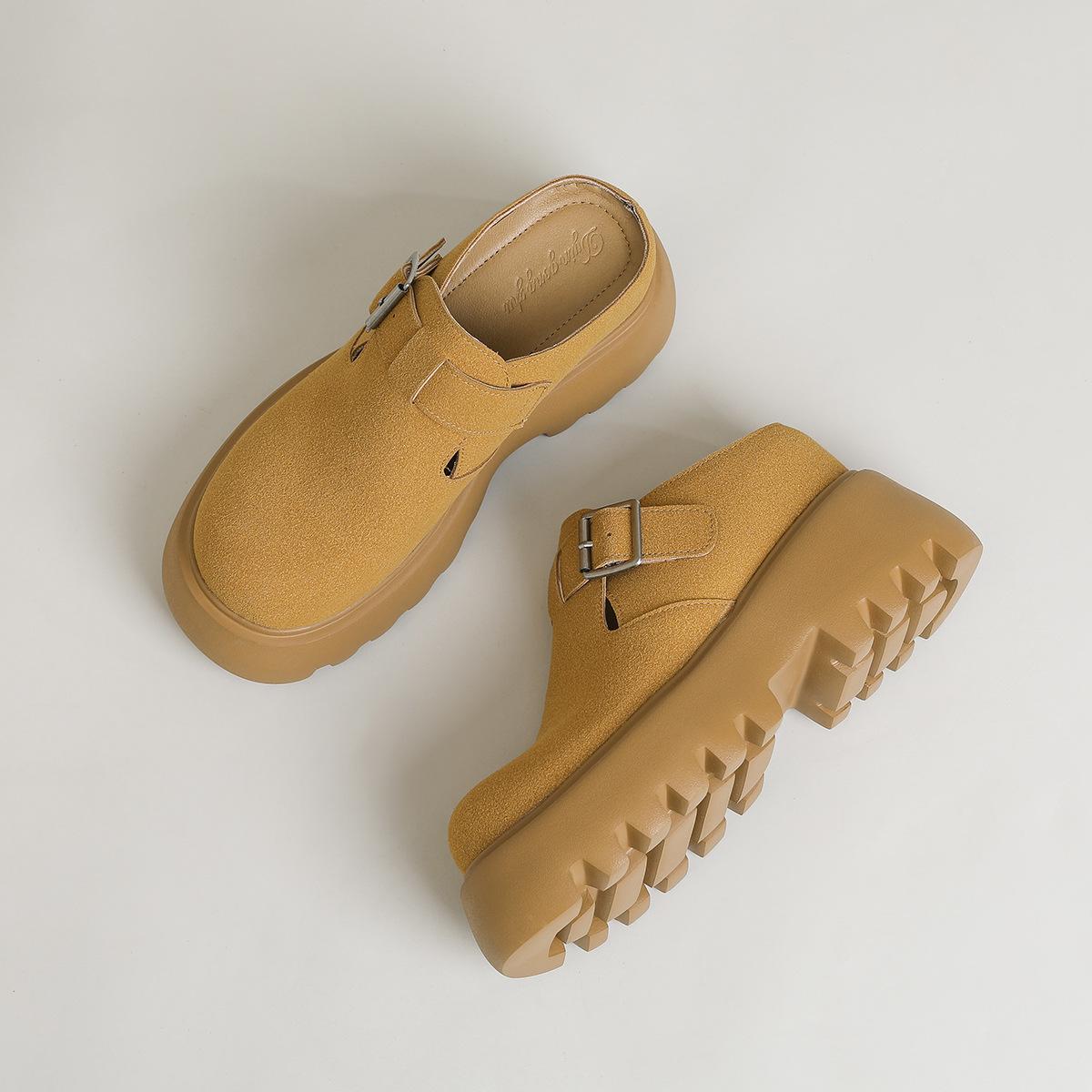 

Whole sheep leather cm bag head half slippers women s thick bottom one pedal small person inner height increase Birkenstock lazy super high heel 33 верблюд