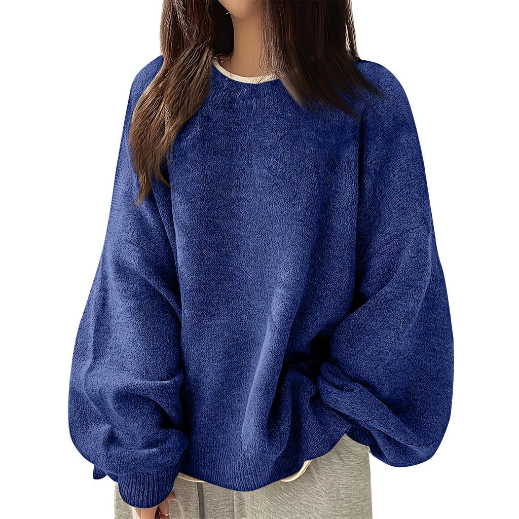 Women's Fashion Casual Loose Pullover Solid Color Round Neck Long Sleeve Knit Sweater
