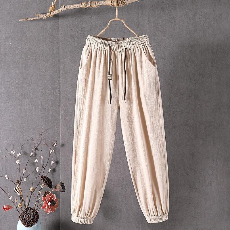 Women Summer Cotton Hemp Cropped Pants Mid-Rise Elastic Waistband Wide Leg Casual Pants