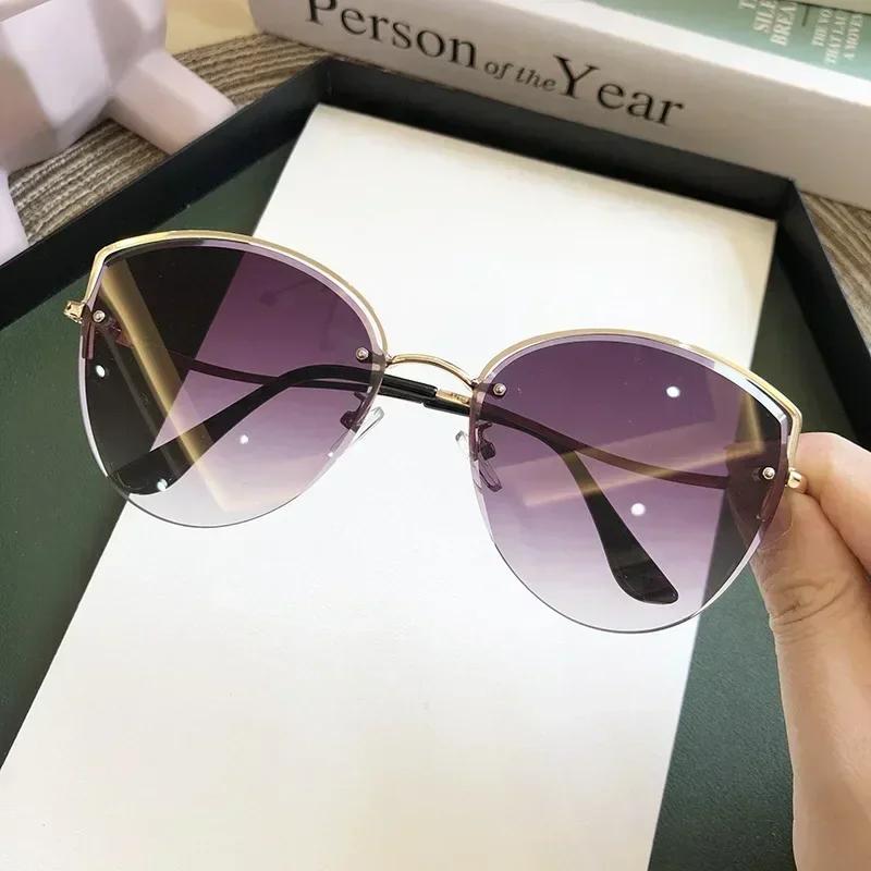 Cat Eye Sunglasses Women Luxury Rimless Gradient Sun Glasses  Clear Ocean Color Lenes Shades Ladies Sunglass UV400