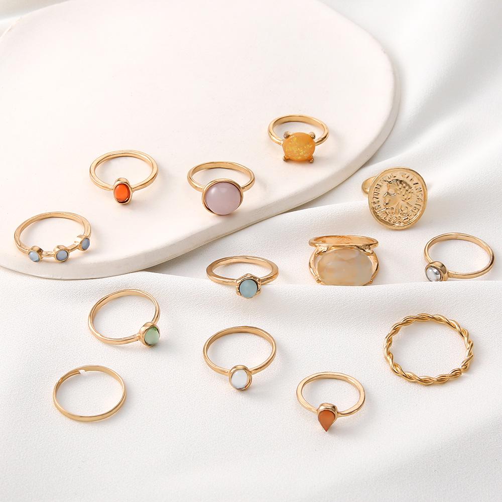 Inlaid Diamond Baroque Vintage Stackable Ring Set: 13-Piece Jelly Color Creative Style Rings for Women