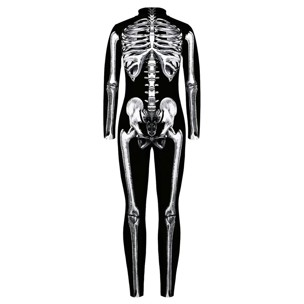 Spooky Skeleton Print Long-sleeved Jumpsuit Halloween Costume For Adults Kids