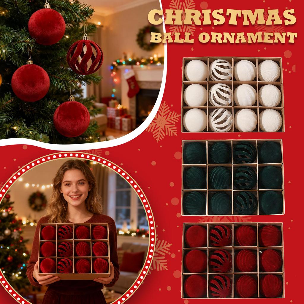 8CM Beflockte Weihnachtskugel-Ornamente, Glitzernde Dekokugeln, 12er-Set, Weihnachtsbäumchen Festliche Atmosphäre