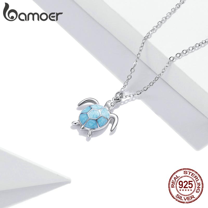 Bamoer 925 Silver Sky Blue Enamel Turtle Pendant Necklace Cute Animal Adjustable Necklace for Women Fine Jewelry SCN446
