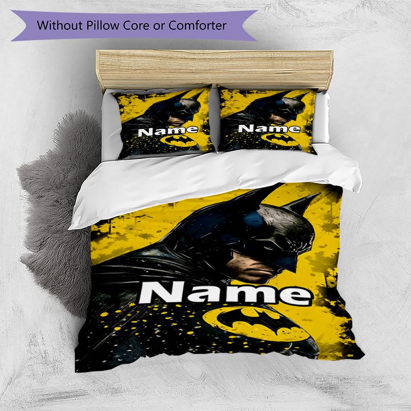 3pcs Duvet Cover Set (1*Duvet Cover + 2*Pillowcase, Without Core), Custom Name Batman Pattern Bedding Set, Home Bedroom Decor Gift