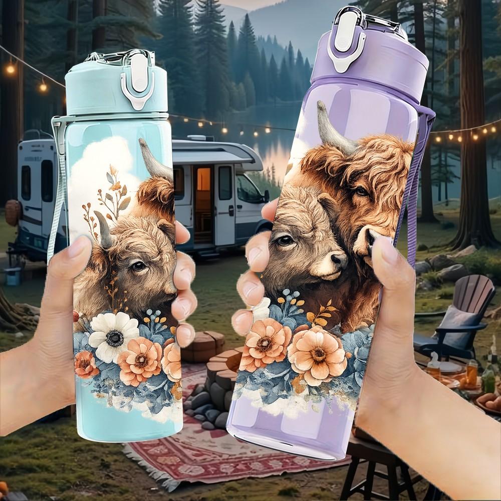 1 ud. Vaca de las Highlands Estampado de Granja de Flores Silvestres Botella de Agua Deportiva de Plástico de Color de 750 ml Tapa con Pitorro abatible Antifugas Adecuada para Deporte Oficina Uso en Casa