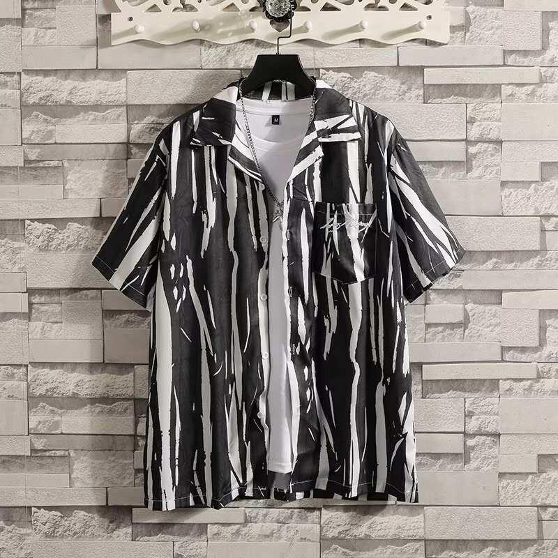

Летняя мужская мода Гавайская рубашка Японский стиль Цветная полоса Дизайн Повседневная пляжная рубашка с цветочным принтом Топы с коротким рукавом и воротником Винтажная праздничная одежда Черный