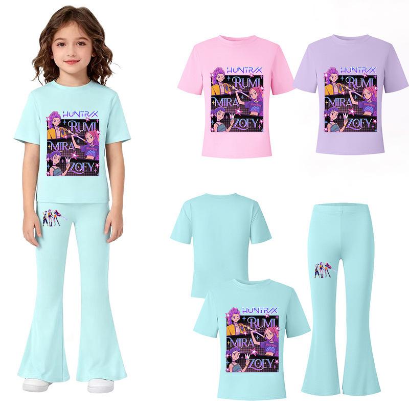 Demon Slayer KPOP Theme Big Kids Summer Short Sleeve T-Shirt + Draped Flared Pants Comfortable Non-Sweaty