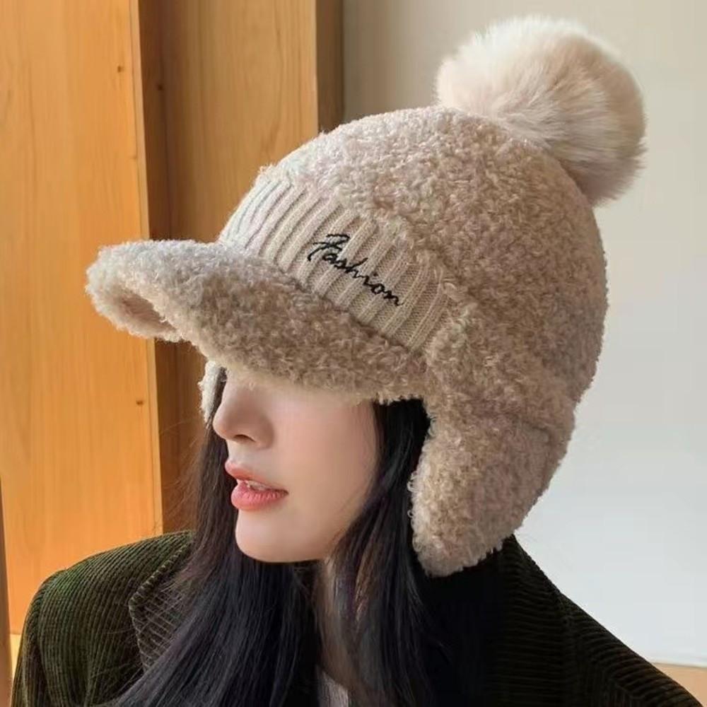 Solid Color Knitted Baseball Cap Windproof Pompom Plush Beanie Warm Earmuffs Cap  Winter