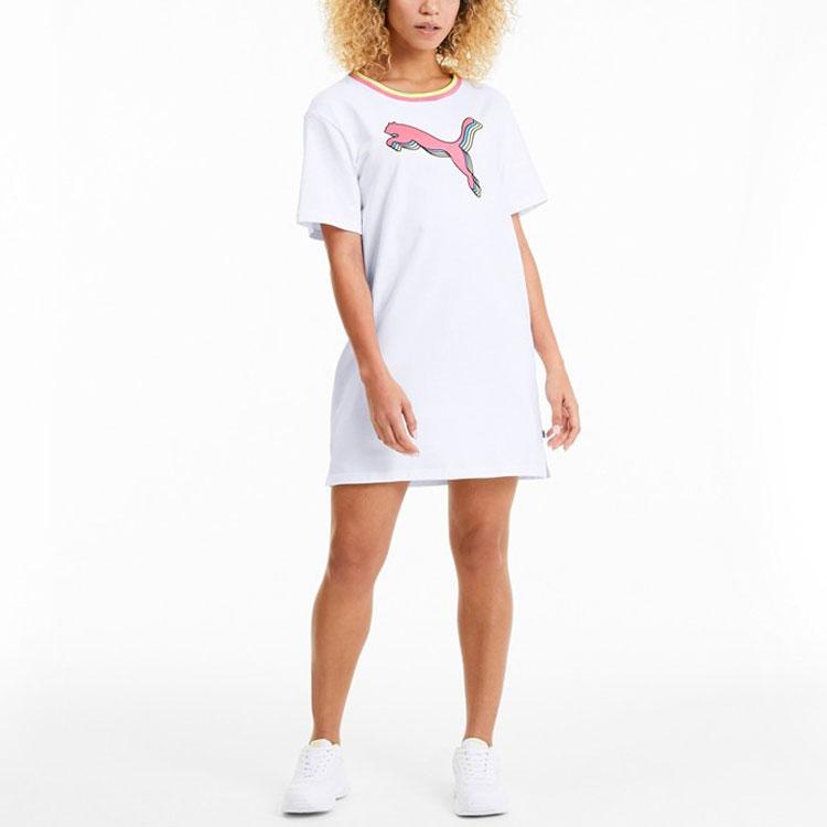 Puma Celebration Color Block Logo Printed Short Sleeve Dress Women Dresses White 585049-02