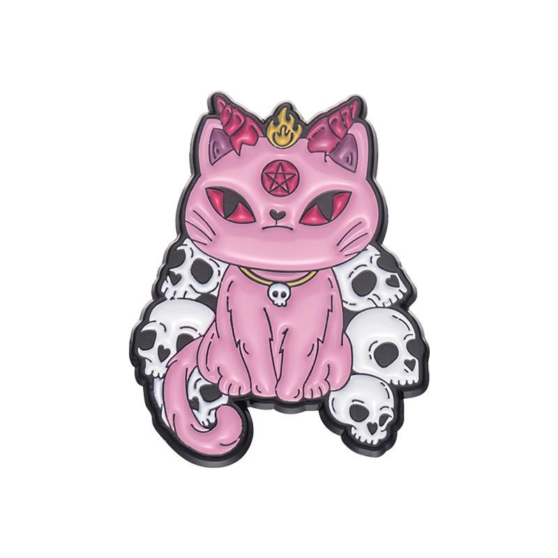 Adorable Cartoon Style Halloween Brooch With Pink Skull Bat And Cat For Festive Decoration