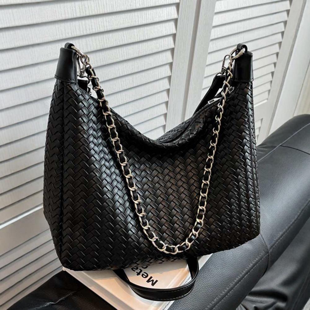 Autumn 2025 Women's Large Woven Crossbody Tote: Solid Color Handheld & Shoulder Bag