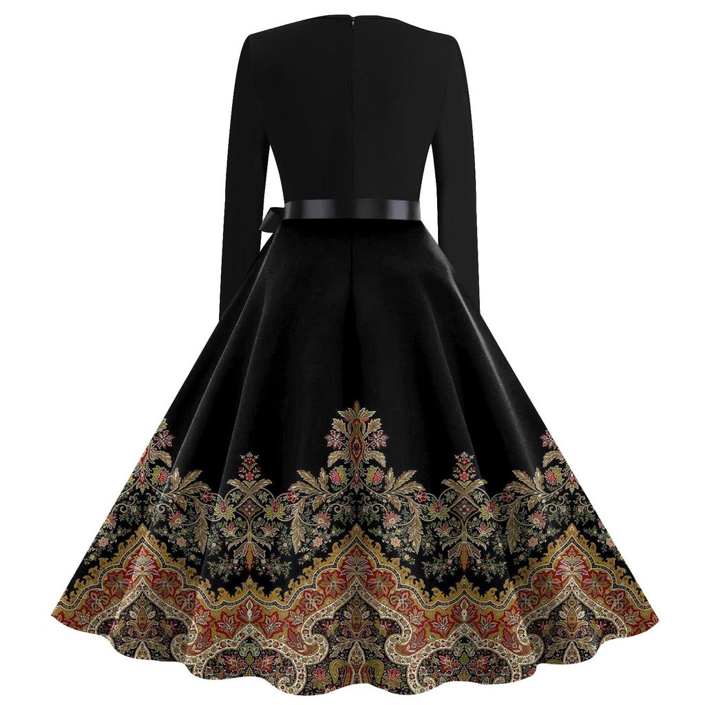 Women's Casual Fashion Long Sleeve Retro Graphic Printed Vintage Long Dresses