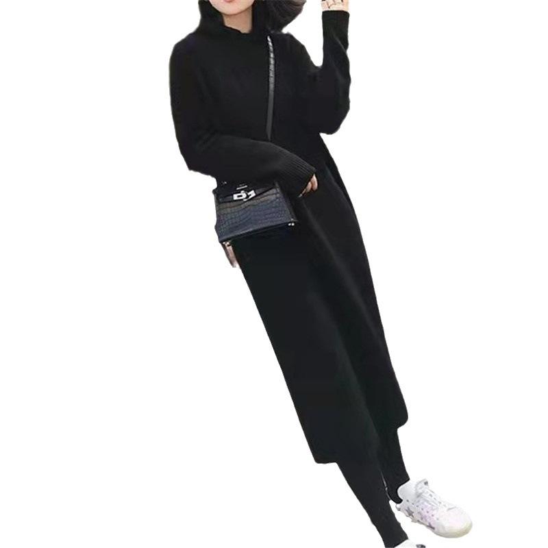Autumn and winter new solid color simple knitted dress hooded sweater women's loose sweater long dress tide