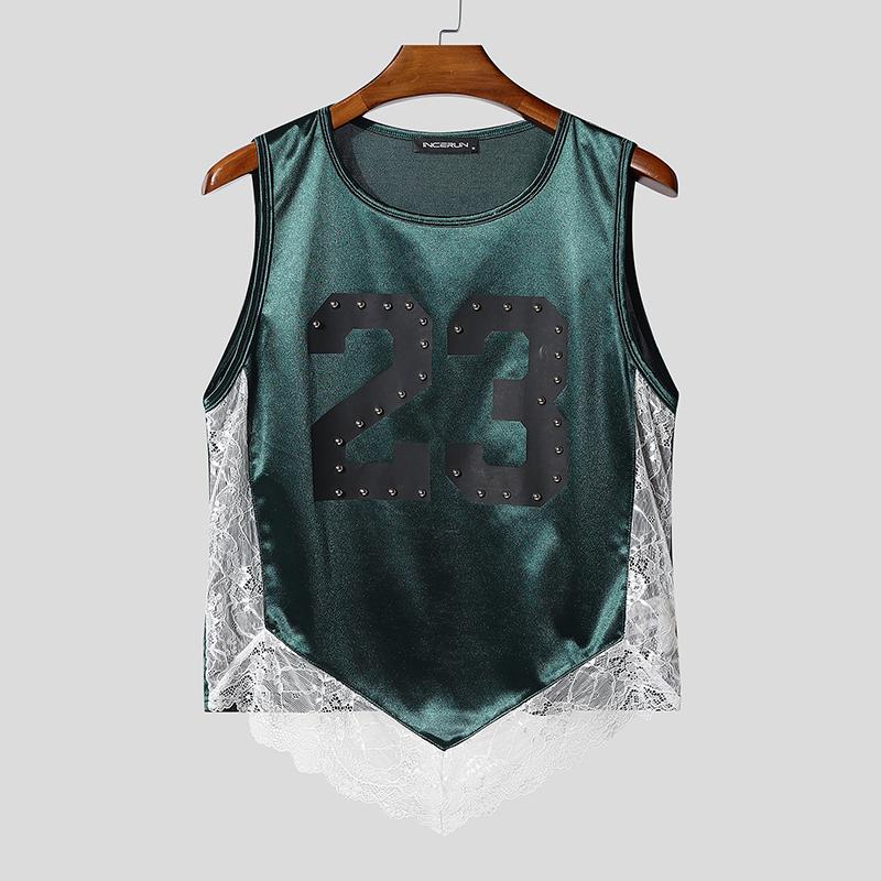 INCERUN Men O Neck Sleeveless Letter Print Lace Patchwork Cropped Irregular Tank Tops