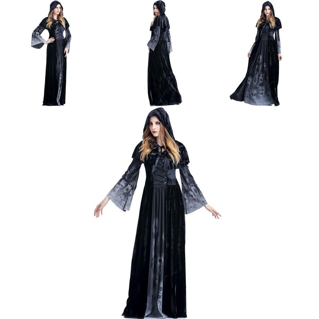 Enchantant Costume de Reine Maléfique Sorcière Gothique pour Femme Avec Manches Évasées Longues Élégantes