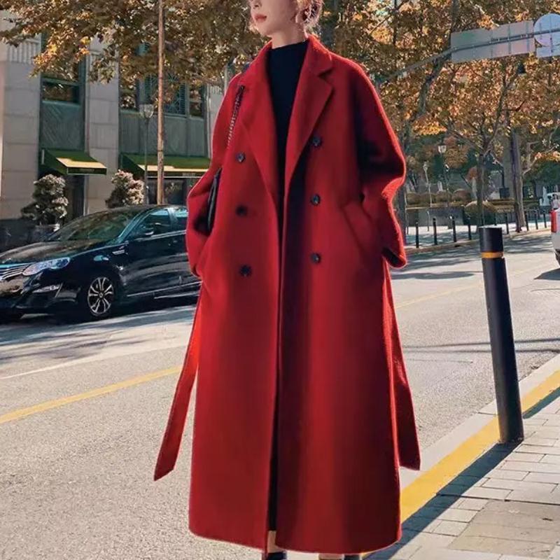 Winter Trenchcoat Für Frauen Elegante Mode Koreanische Casual Dicke Wolle Mantel Rote Spitze-up Lange Jacke Schwarz Frau Mantel mit Blet