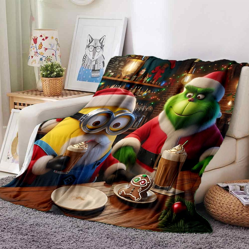 1Pc Christmas Minions Grinch Blanket Soft Throw Blanket For Home Bedroom Bed Sofa Travel Office Solid Christmas Blanket