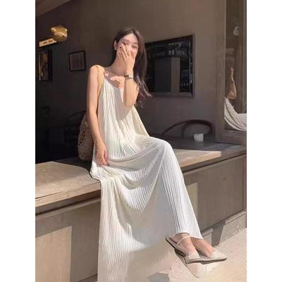 Women's Pleated Camisole Dress - Slimming, Versatile, Solid Color Long Dress for a Chic and Effortless Style