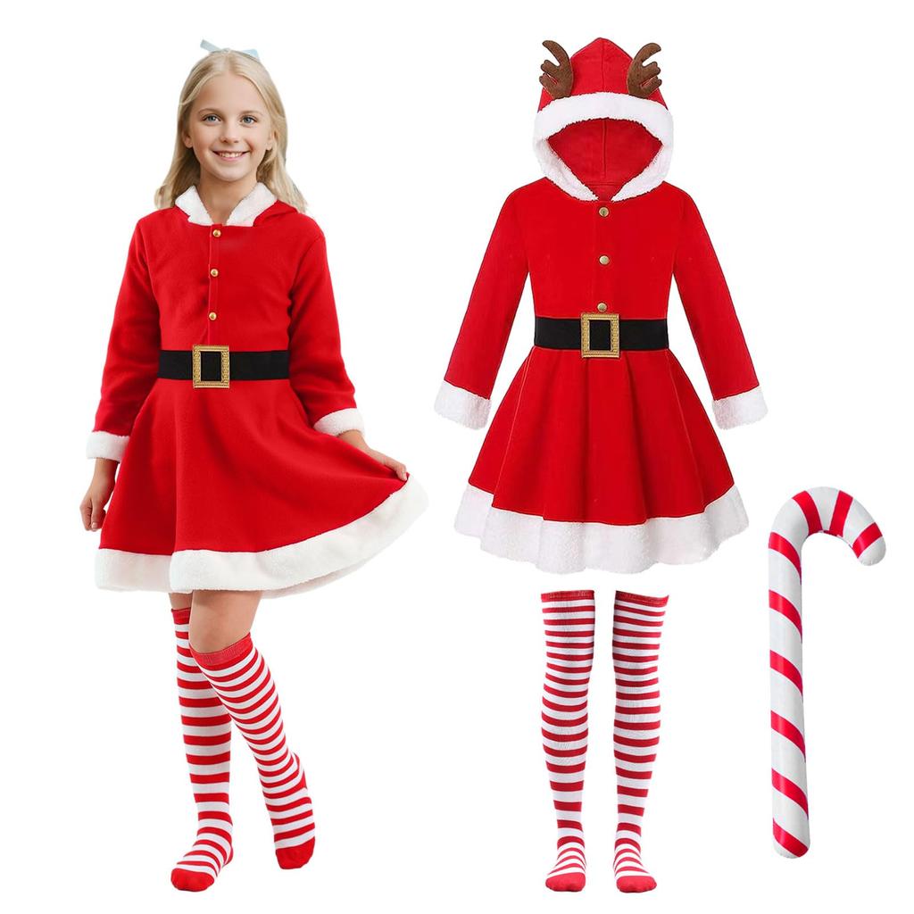 Joyesplay Christmas Cosplay Santa Claus Costume for Set with Santa and Cute Christmas Outfit with Reindeer Perfect for School Stage and Gift Girls,