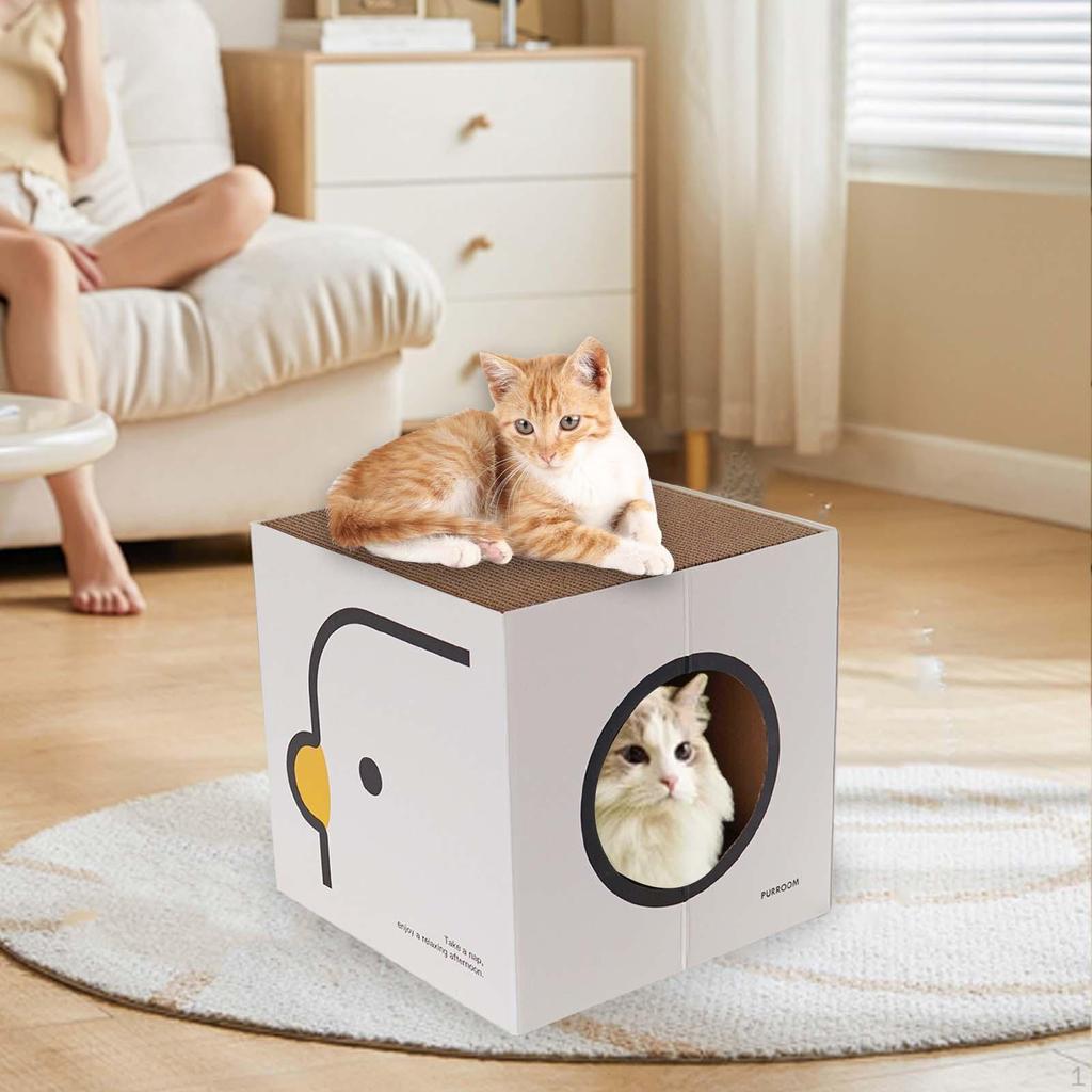 Cardboard Cat House Cave Hide Out Interactive Scratcher Box Lounge Bed for Indoor Cats