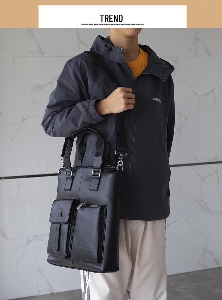 Men's Genuine Leather Vertical Business Briefcase - Top Layer Cowhide Computer Tote Bag