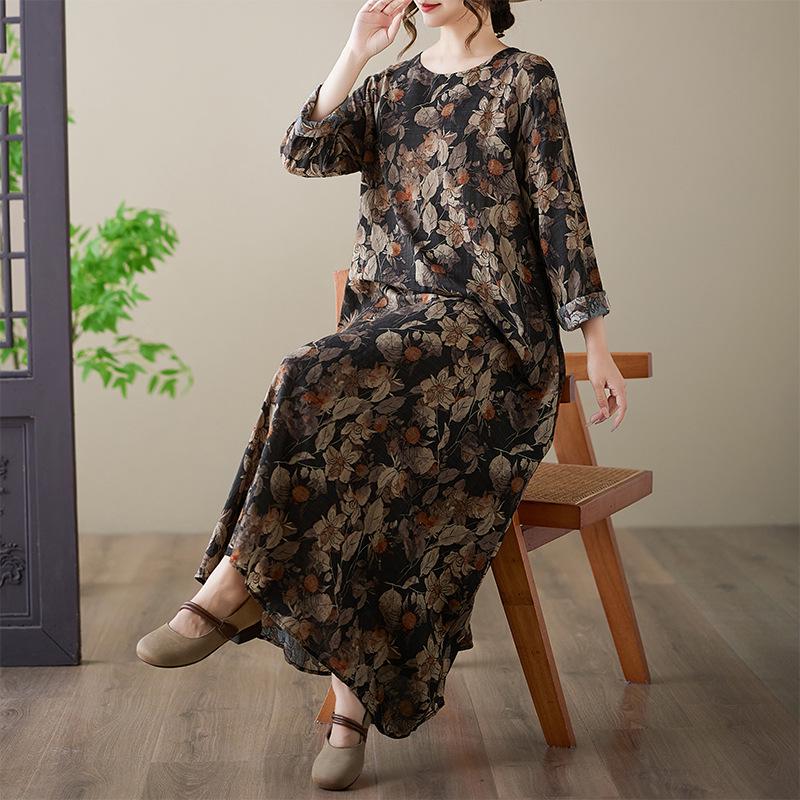 Plus Size Cotton & Linen Printed Holiday Dress - Round Neck, Long Sleeve, Loose Fit 2XL