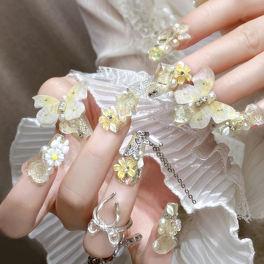 Medium Coffin Press on Nails with Rhinestones Designs Reusable Full Cover Glue on Fake Nails Press ons Artificial False Nails Stick on Nails for Women