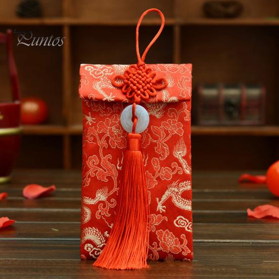 Faux Silk Red Envelope Chinese Wedding Red Pocket Lucky Money Hongbao Card Cash Envelope with Chinese Knot for New Year Spring Festival Wedding