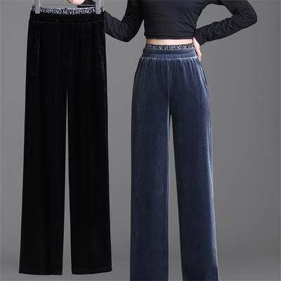 Autumn Winter Wide Leg Pants Women ElasticHigh Waist Vintage Warm Elegant Casual Ladies Double Thick Velvet Trousers Solid Color