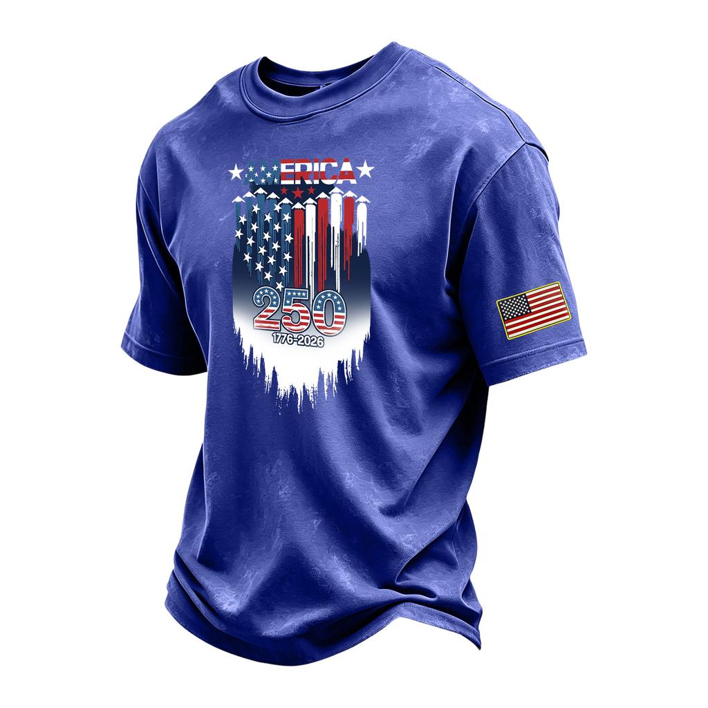 Men's Vintage Washed Short Sleeve Crew Neck T-Shirt with Patriotic Graphic Print and Sleeve Flag Patch Casual Fit